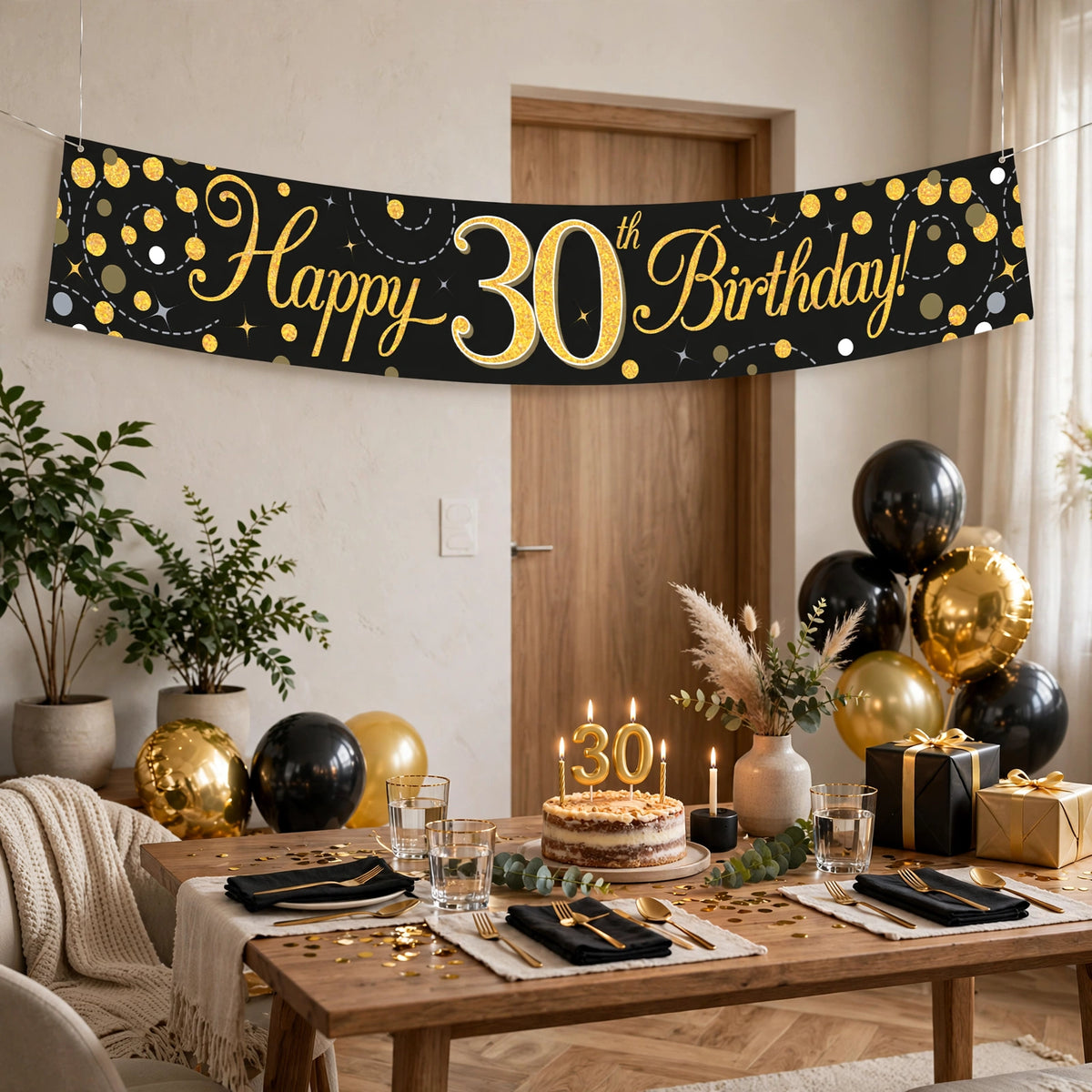 9ft Sparkling Fizz 30th Birthday Banner displayed at a 30th birthday party