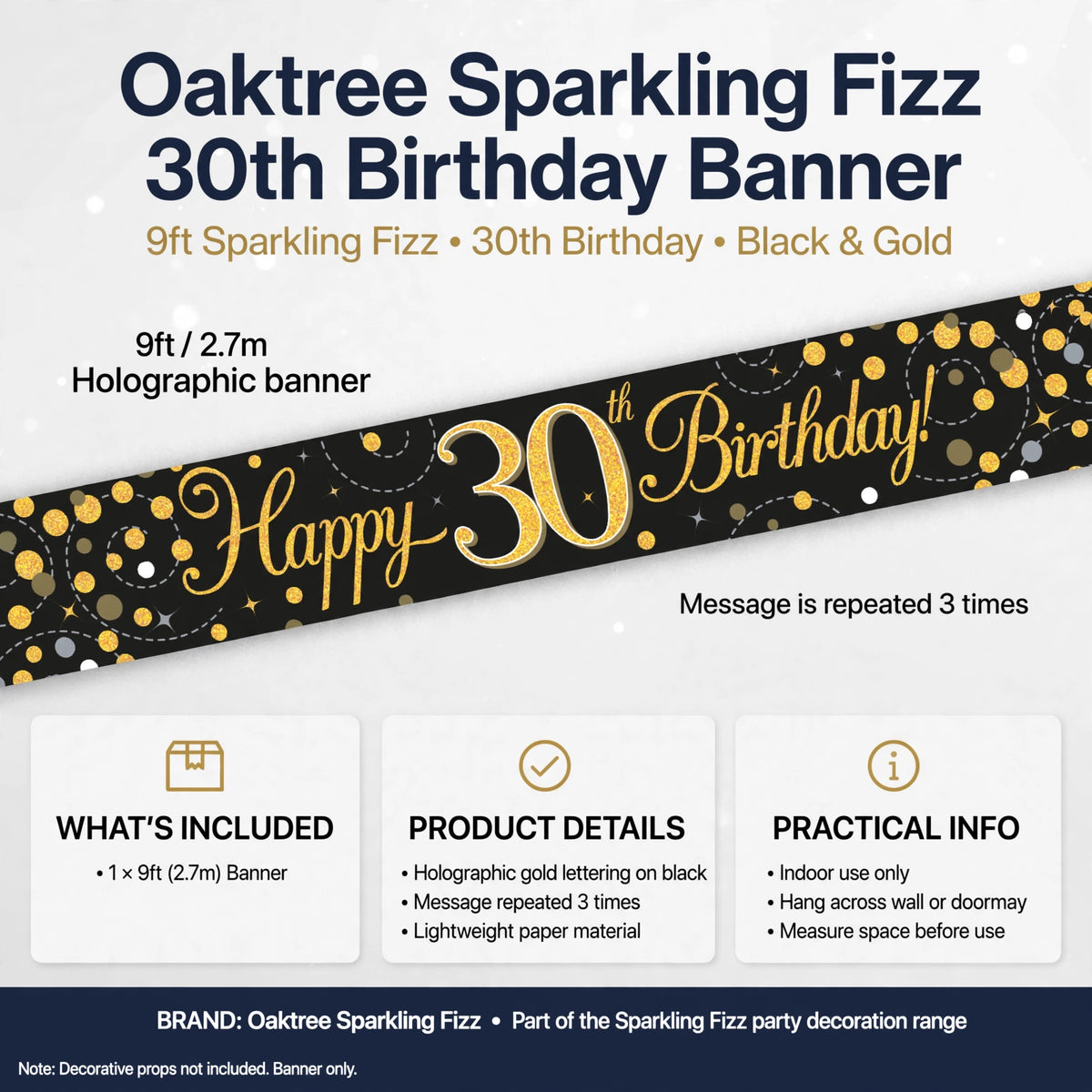 9ft Sparkling Fizz 30th Birthday Banner suitable for indoor use