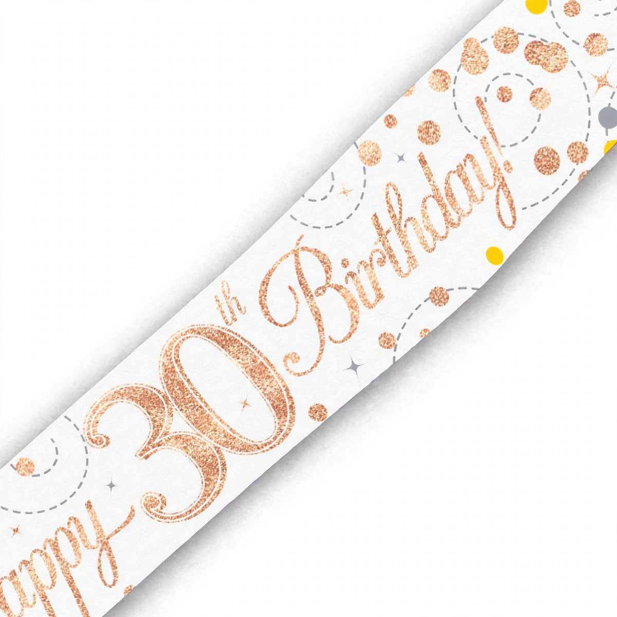 Close-up of Oaktree Sparkling Fizz 30th Birthday Banner showing rose gold and white colours with sparkling fizz detailing