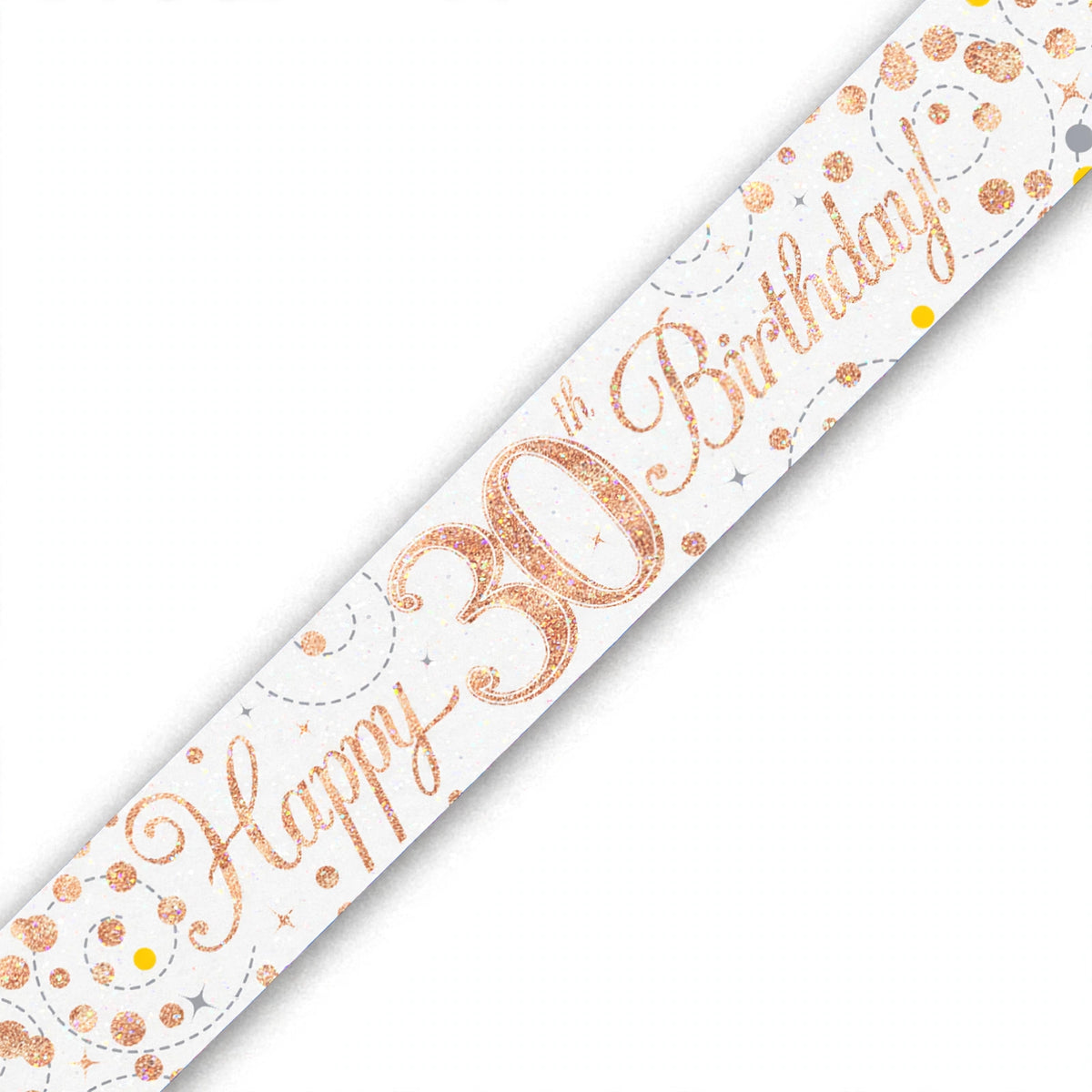 Detail view of the Sparkling Fizz 30th Birthday Banner showcasing the rose gold holographic background