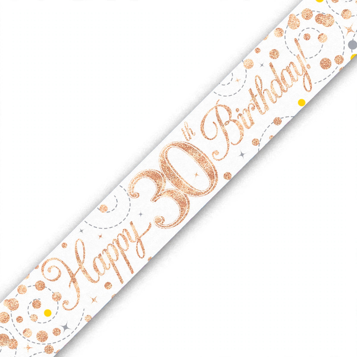 9ft Sparkling Fizz 30th Birthday Banner with white lettering on a rose gold holographic background