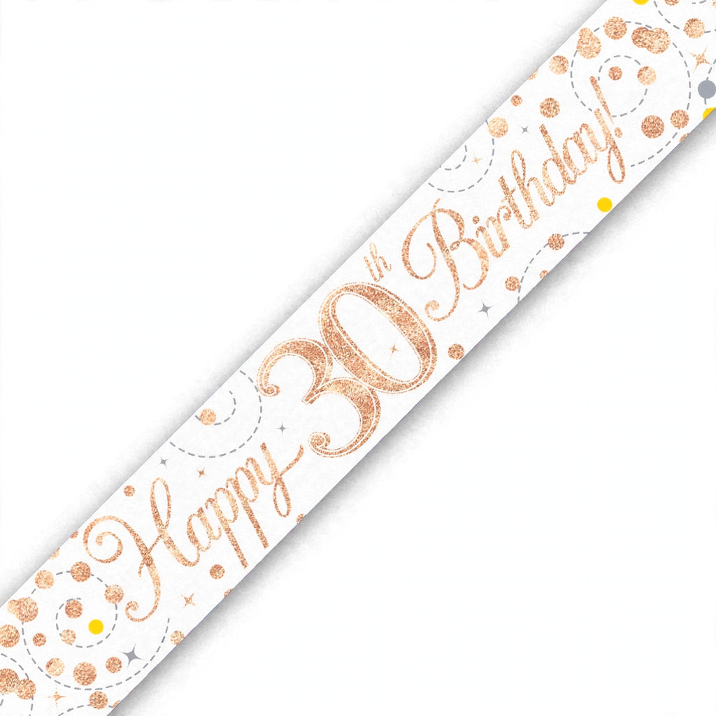 Oaktree Sparkling Fizz 30th Birthday Banner in rose gold and white with sparkling fizz detailing