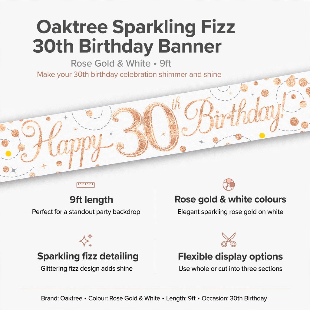 Banner features 9ft length, rose gold and white colours, sparkling fizz detailing, and flexible display options