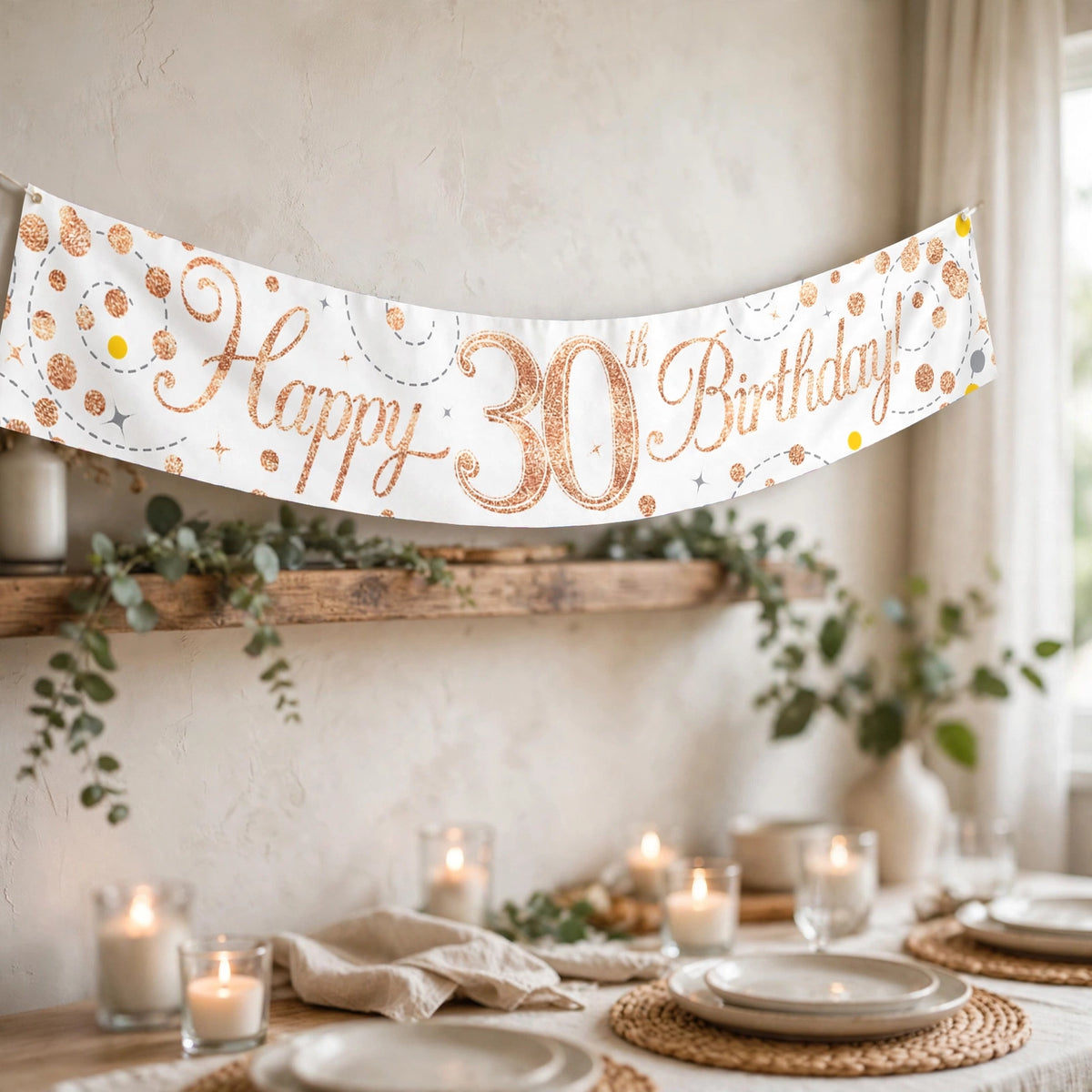 Oaktree Sparkling Fizz 30th Birthday Banner displayed as party decoration with rose gold and white colours