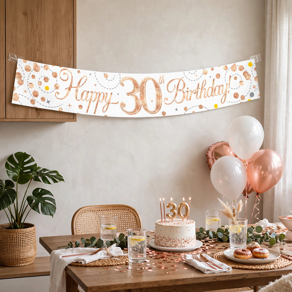 9ft Sparkling Fizz 30th Birthday Banner displayed at a decorated indoor party setting