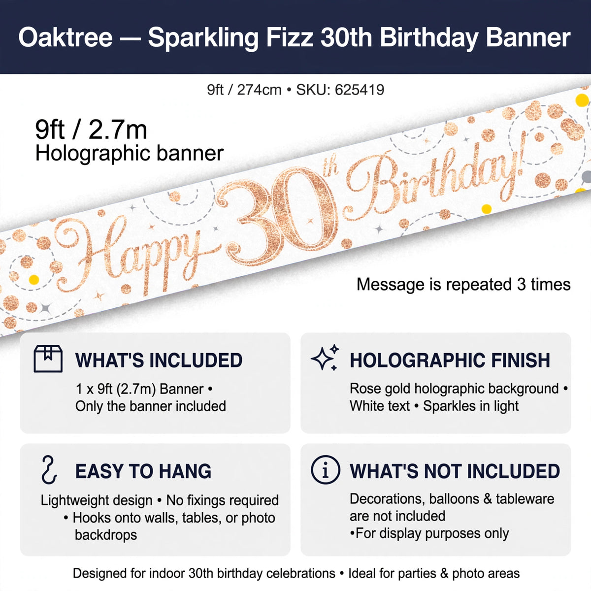 9ft Sparkling Fizz 30th Birthday Banner suitable for indoor parties
