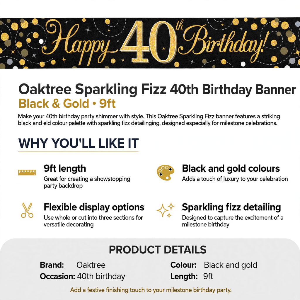 Banner features 9ft length, black and gold colours, sparkling fizz detailing, and flexible display options