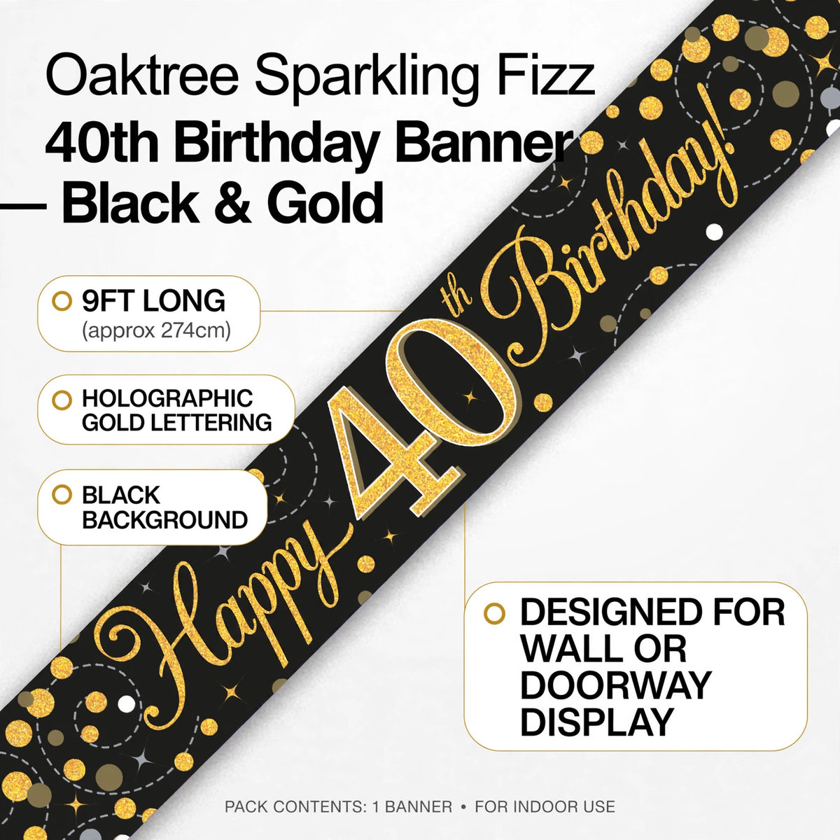 Features of the 9ft Sparkling Fizz 40th Birthday Banner with detailed colour and display options