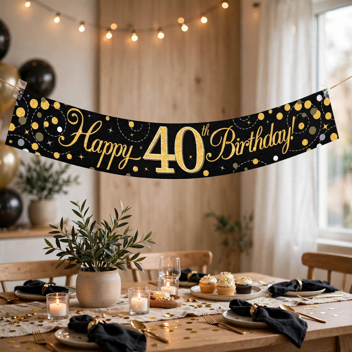 Oaktree Sparkling Fizz 40th Birthday Banner displayed as a party backdrop