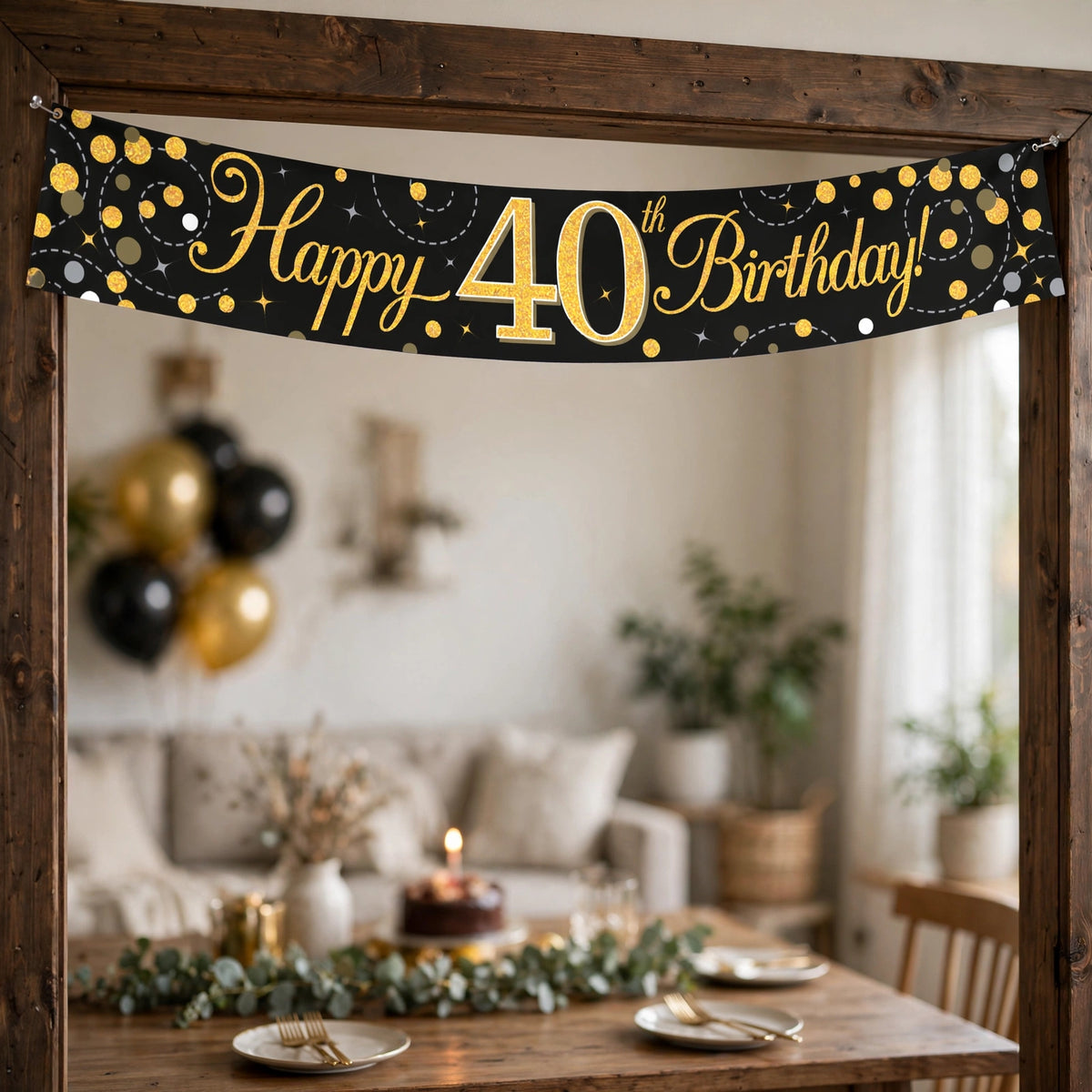 9ft Sparkling Fizz 40th Birthday Banner displayed at a birthday celebration