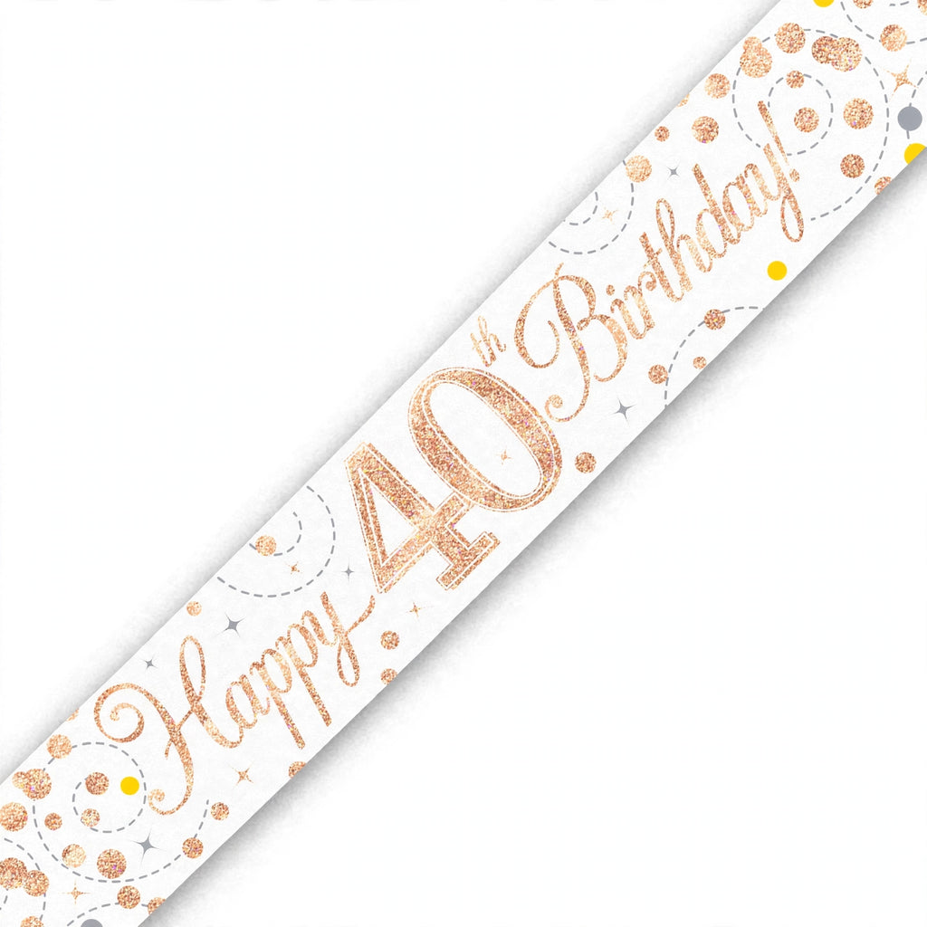 Close-up of rose gold and white Oaktree Sparkling Fizz 40th Birthday Banner showing sparkling fizz detailing