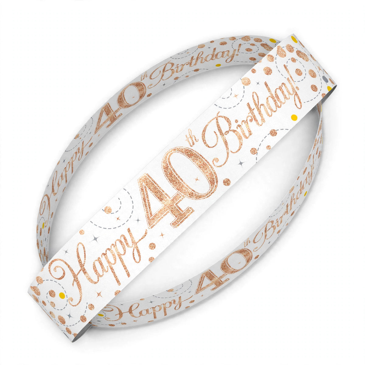 9ft Sparkling Fizz 40th Birthday Banner with rose gold holographic lettering on a white background