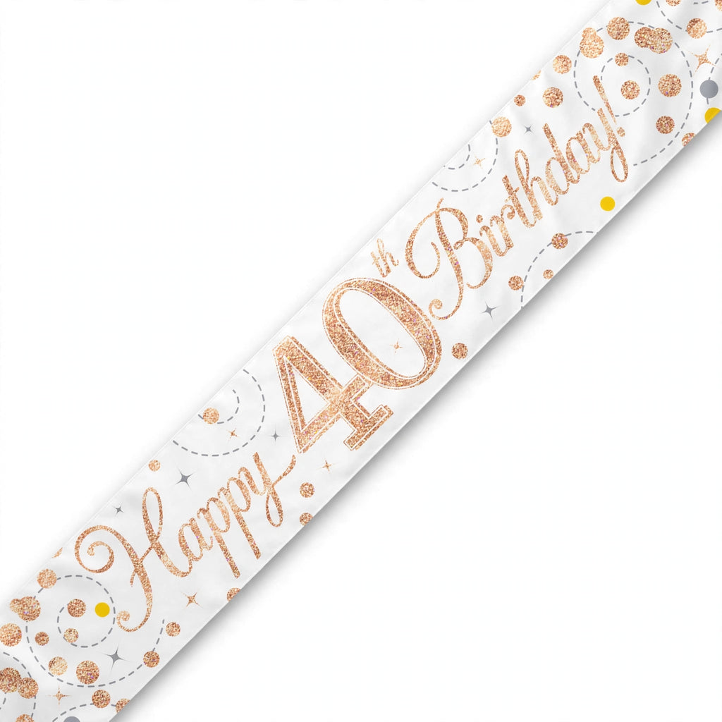 Oaktree Sparkling Fizz 40th Birthday Banner in rose gold and white, 9ft long