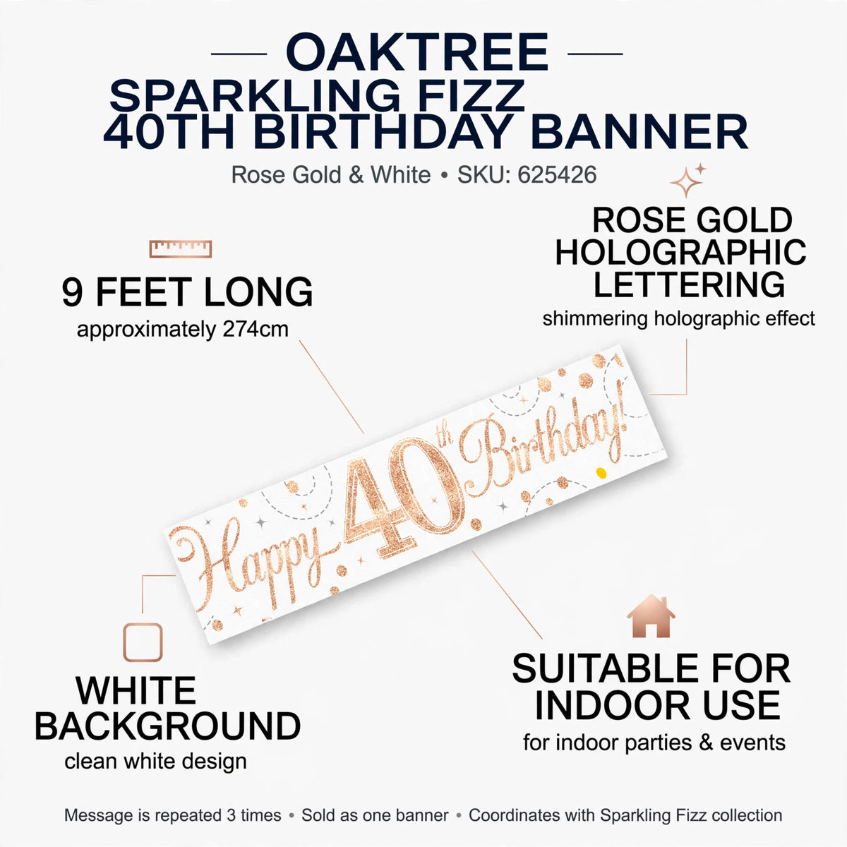 Features of the 9ft Sparkling Fizz 40th Birthday Banner including length and color details