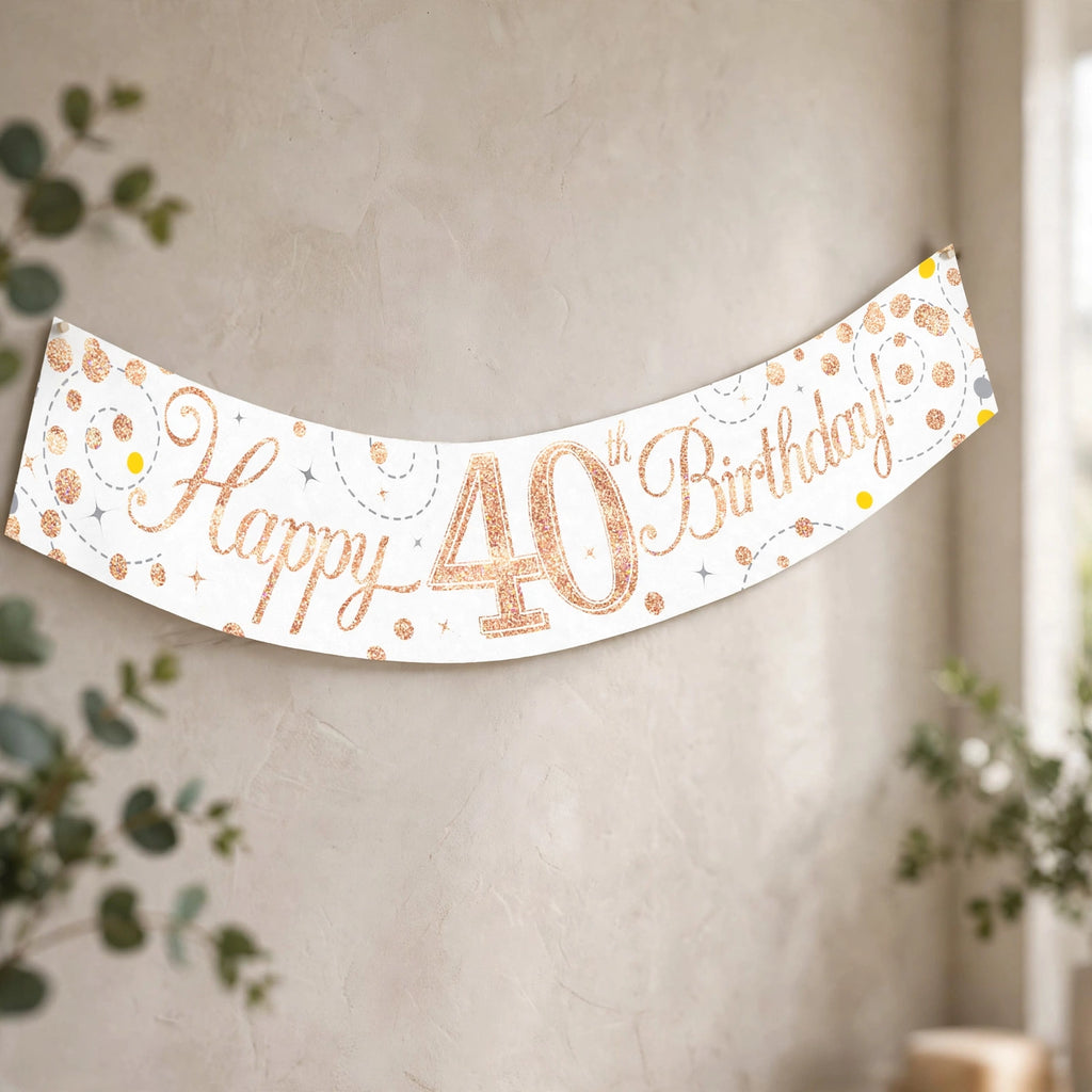 Oaktree Sparkling Fizz 40th Birthday Banner displayed as party decoration in rose gold and white