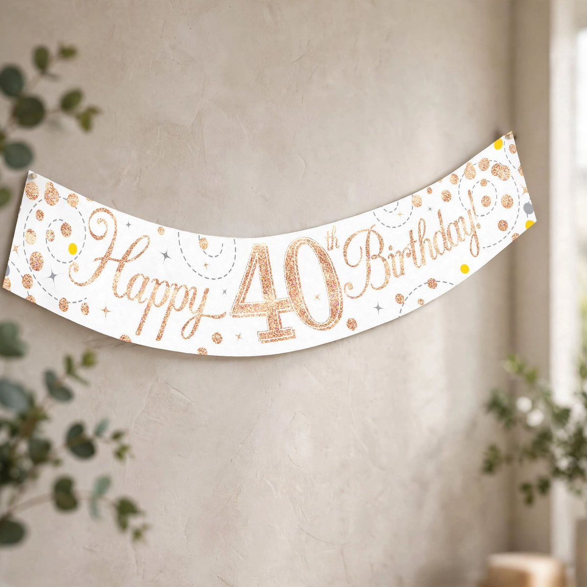 Oaktree Sparkling Fizz 40th Birthday Banner displayed as party decoration in rose gold and white