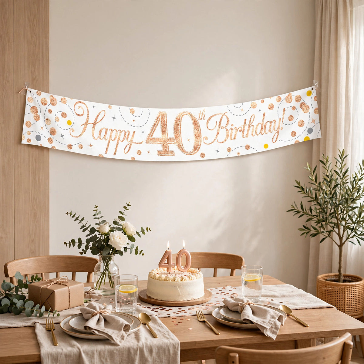 9ft Sparkling Fizz 40th Birthday Banner displayed at a birthday party setting