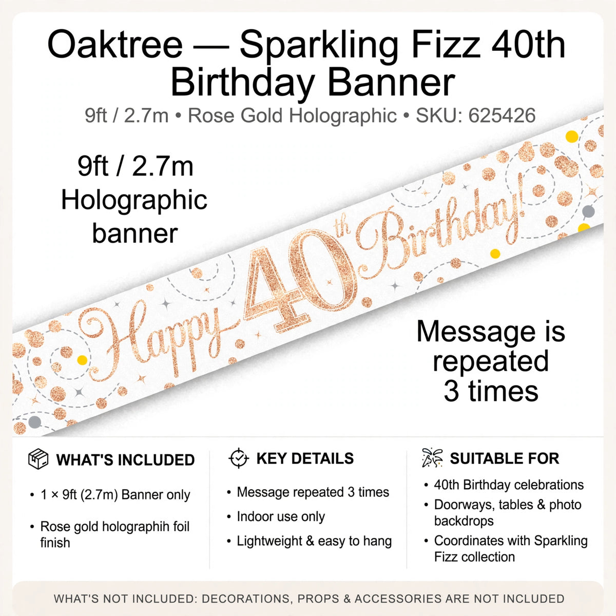 9ft Sparkling Fizz 40th Birthday Banner suitable for hanging above tables or as a photo backdrop
