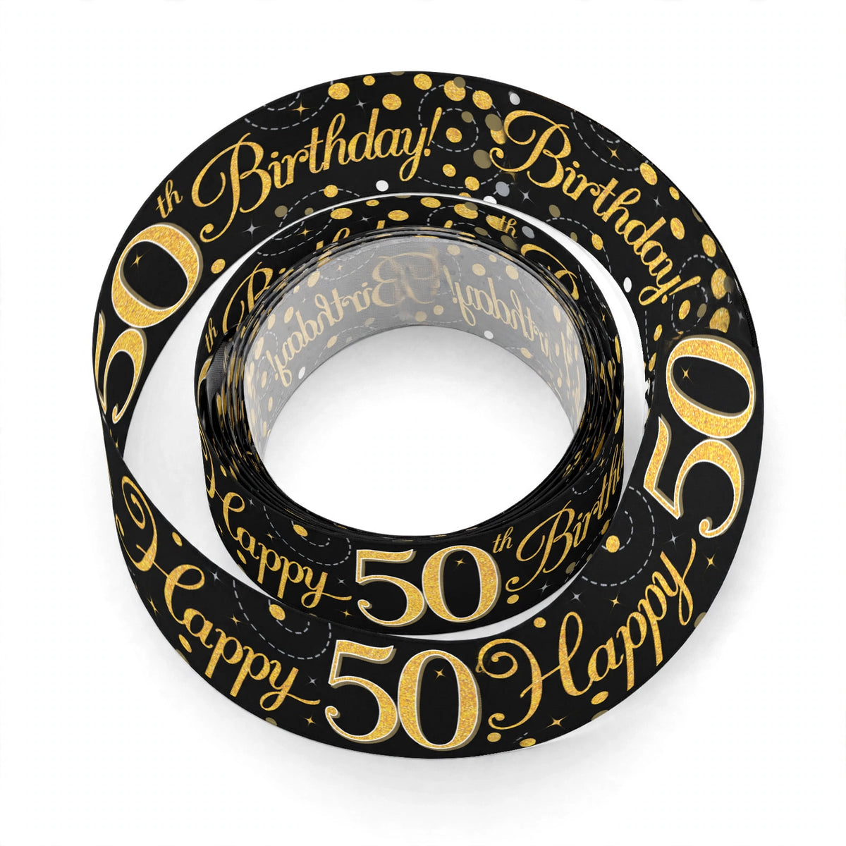 9ft Sparkling Fizz 50th Birthday Banner with black background and gold holographic lettering
