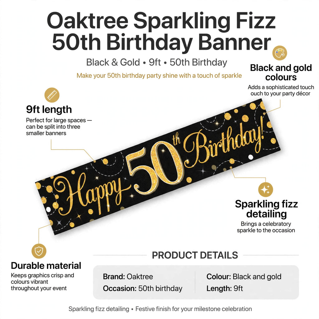 Banner features 9ft length, black and gold colours, sparkling fizz detailing, and durable material