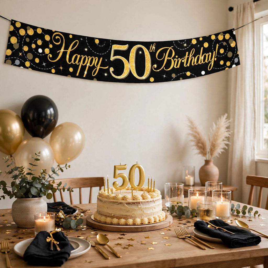 Oaktree Sparkling Fizz 50th Birthday Banner displayed as party decoration