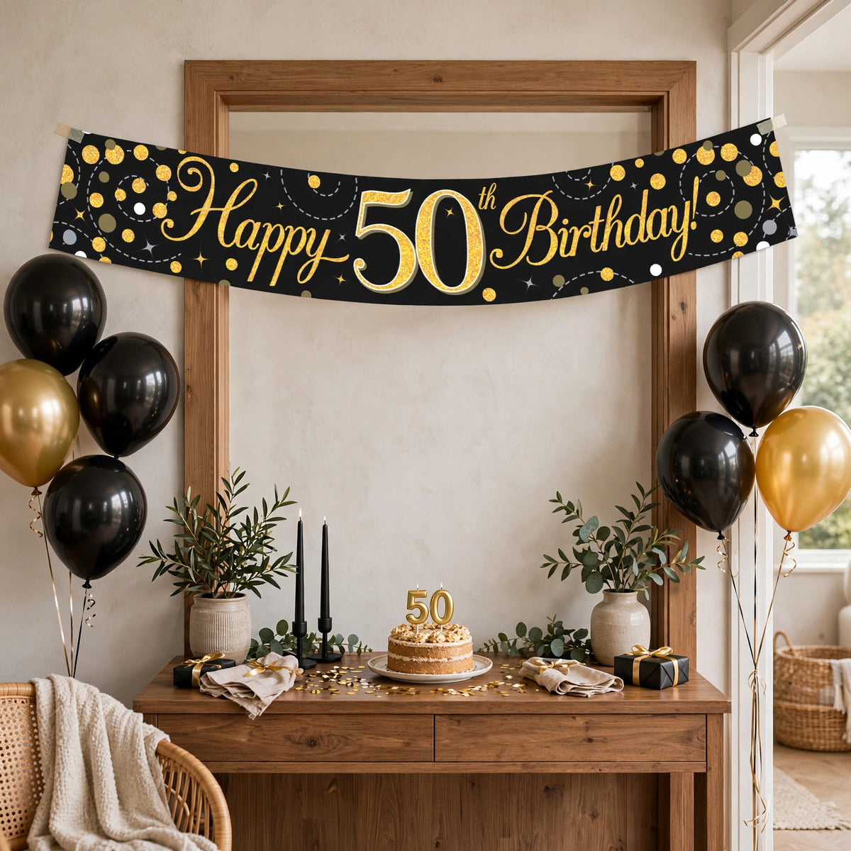 The 9ft Sparkling Fizz 50th Birthday Banner displayed at a birthday party setting
