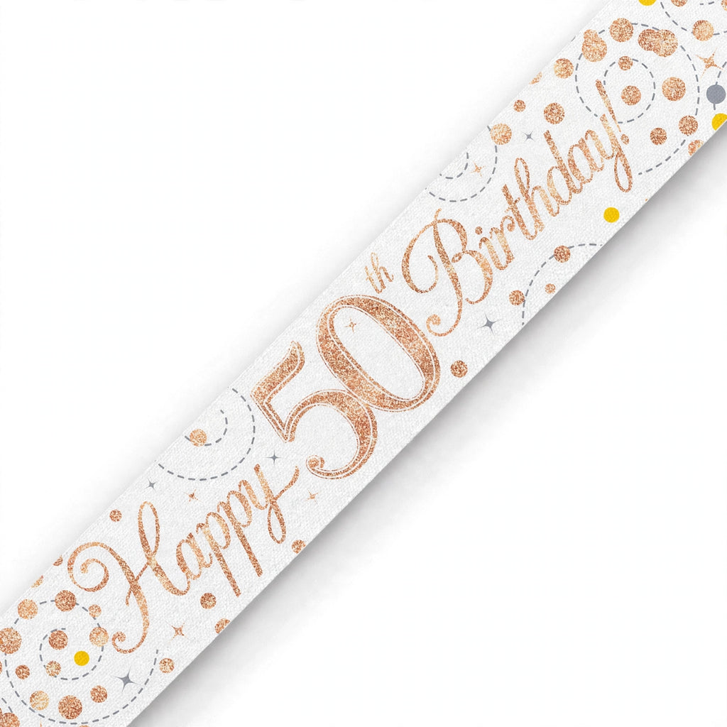 Close-up of Oaktree Sparkling Fizz 50th Birthday Banner showing rose gold and white colours and sparkling fizz detailing