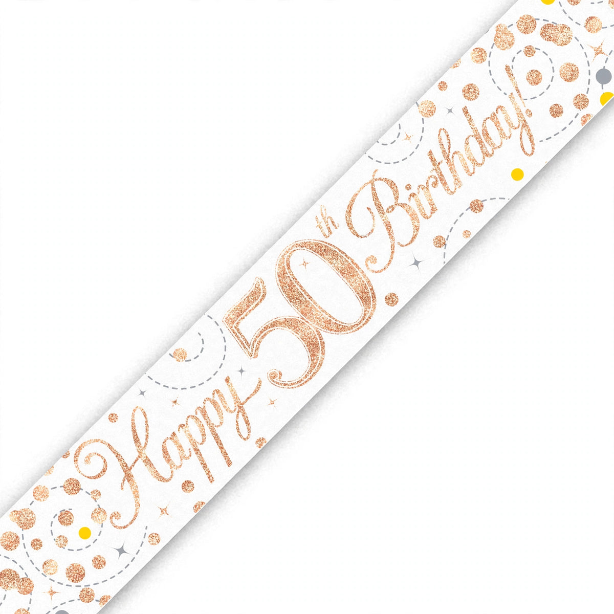 9ft Sparkling Fizz 50th Birthday Banner with rose gold holographic lettering on white background