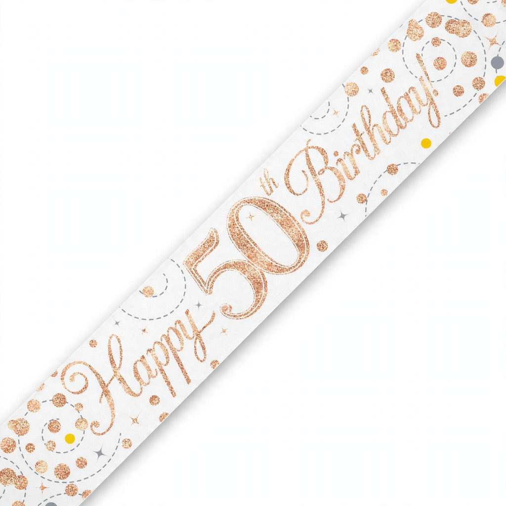 Oaktree Sparkling Fizz 50th Birthday Banner in rose gold and white with sparkling fizz detailing