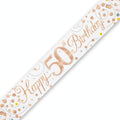 Oaktree Sparkling Fizz 50th Birthday Banner in rose gold and white with sparkling fizz detailing