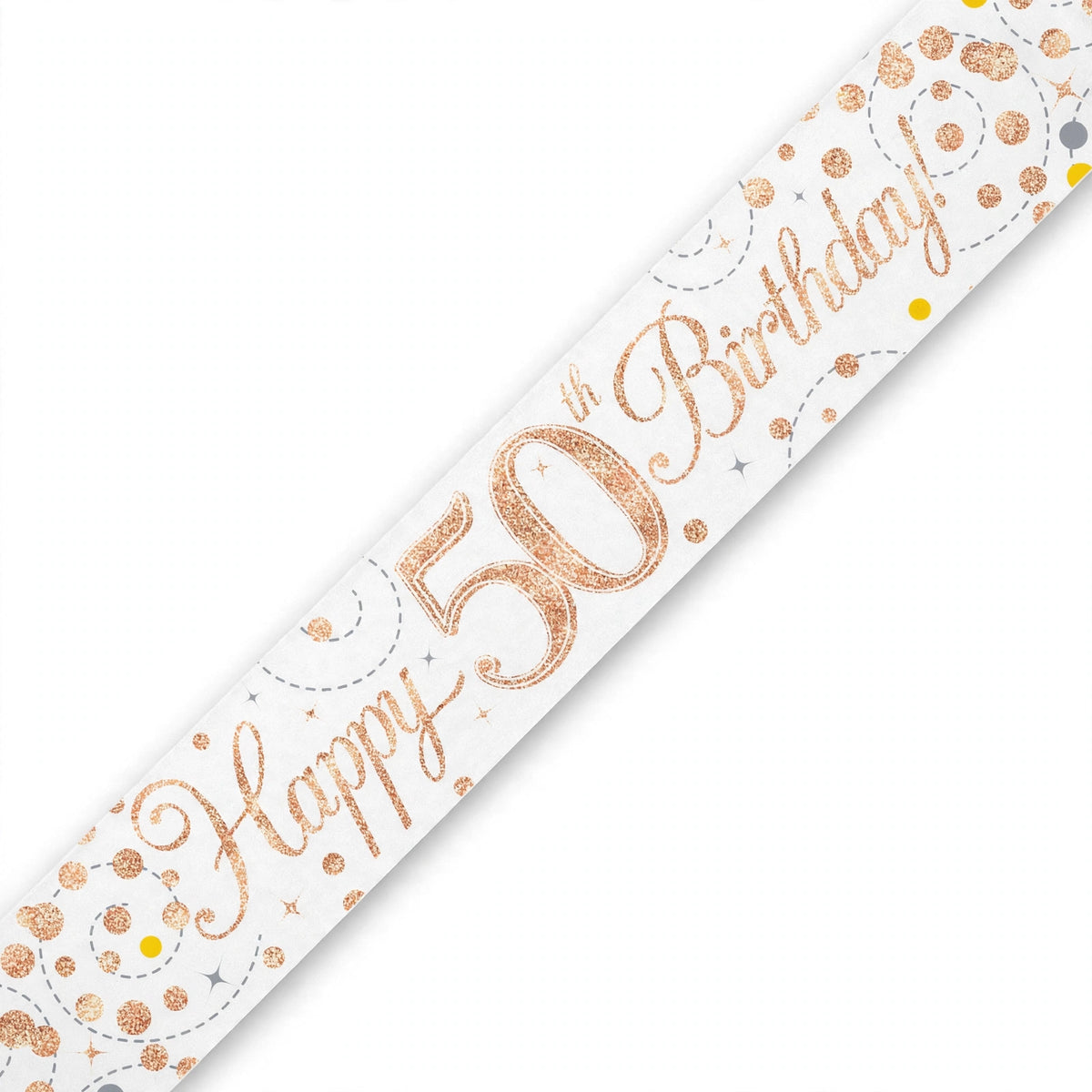 Oaktree Sparkling Fizz 50th Birthday Banner in rose gold and white with sparkling fizz detailing