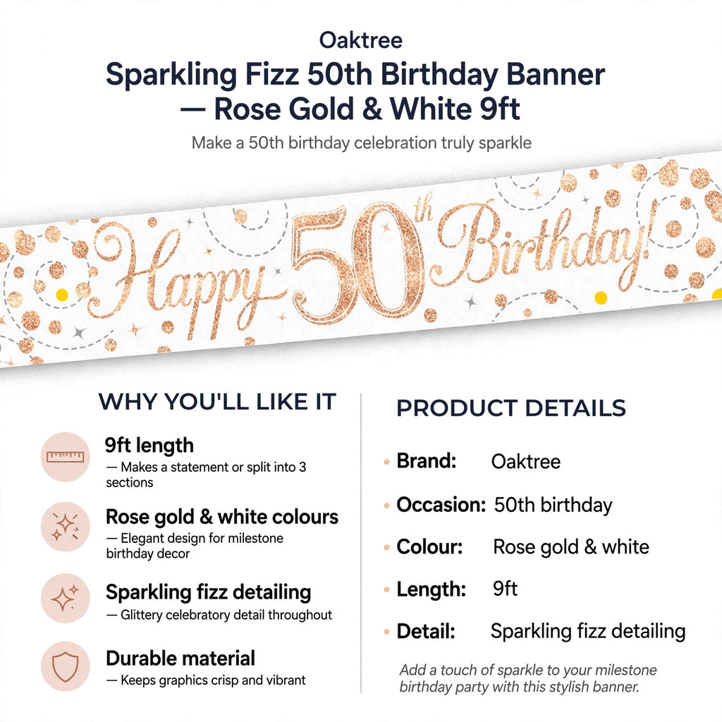 Banner features 9ft length, rose gold and white colours, sparkling fizz detailing, and durable material