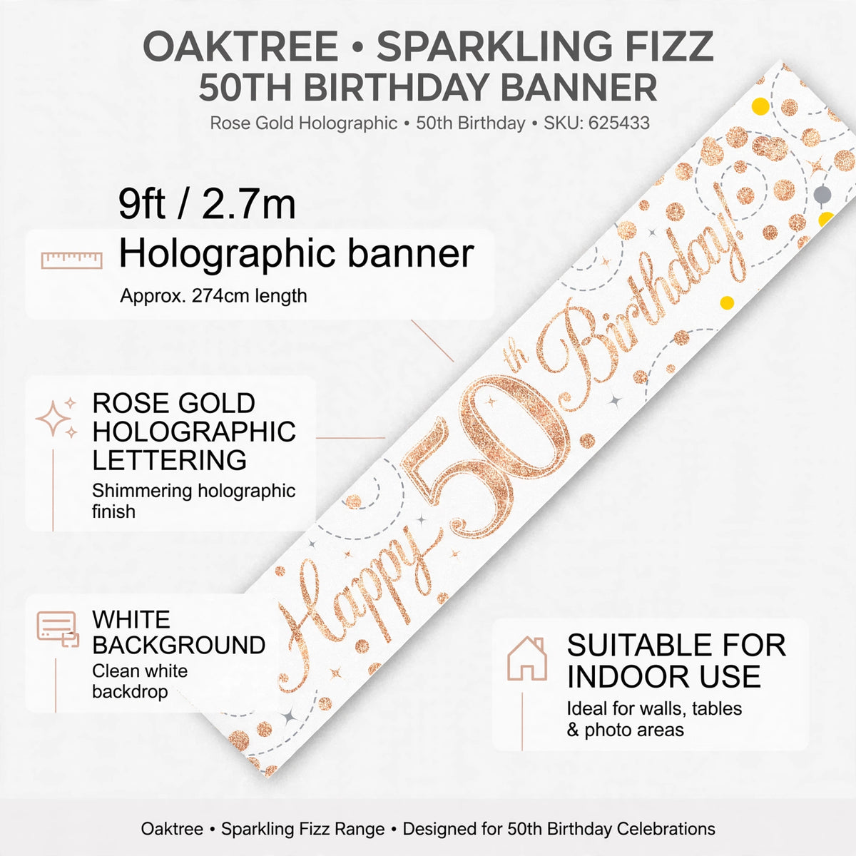 Feature infographic highlighting rose gold holographic lettering and 9-foot length of the banner