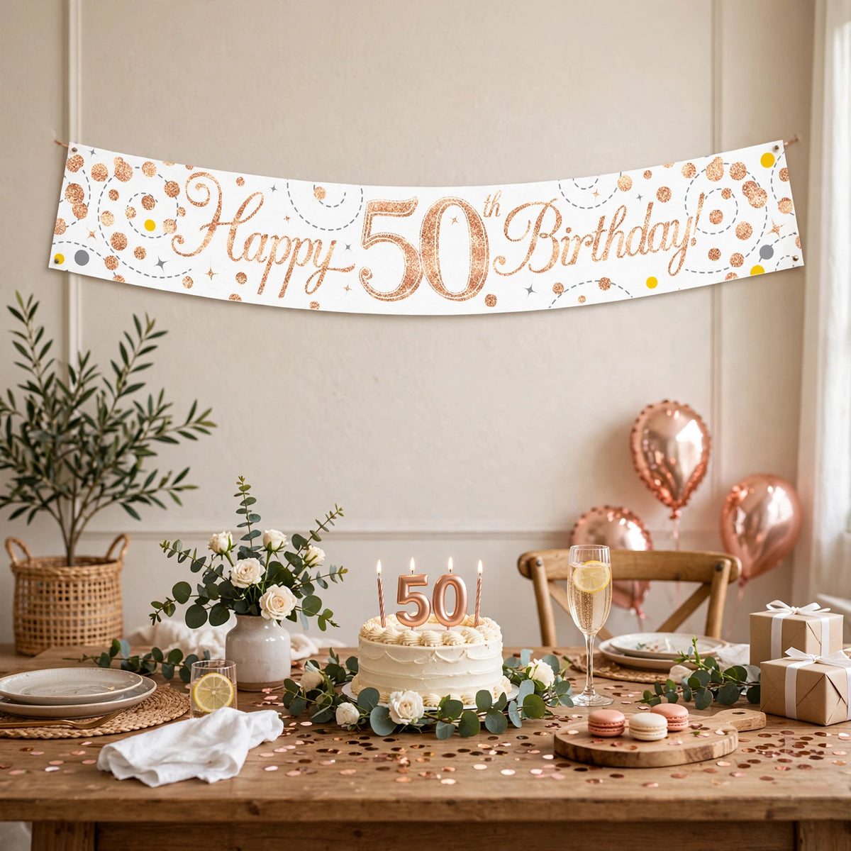 Sparkling Fizz 50th Birthday Banner displayed at a celebration setting