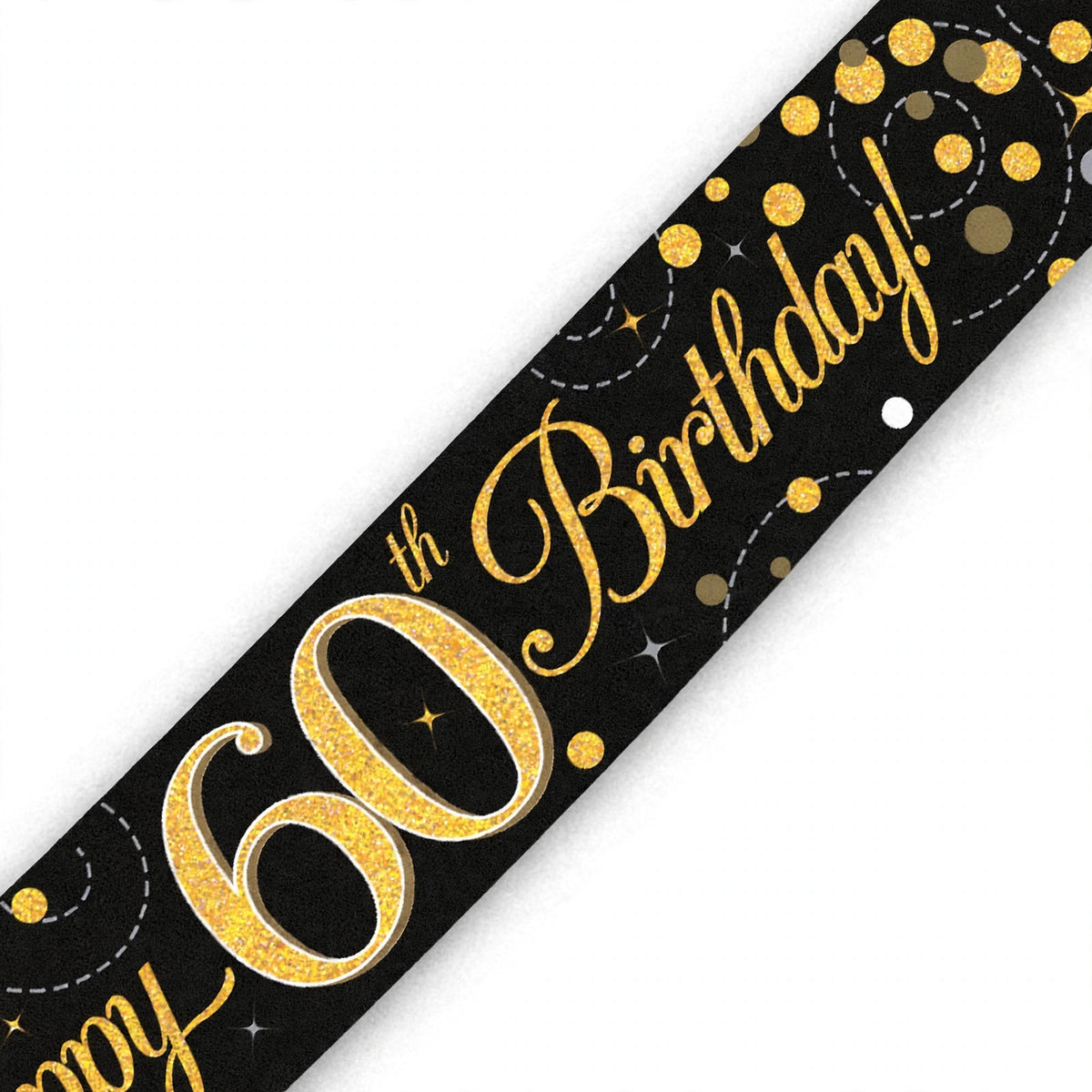 Close-up of black and gold 60th birthday banner with sparkling fizz design
