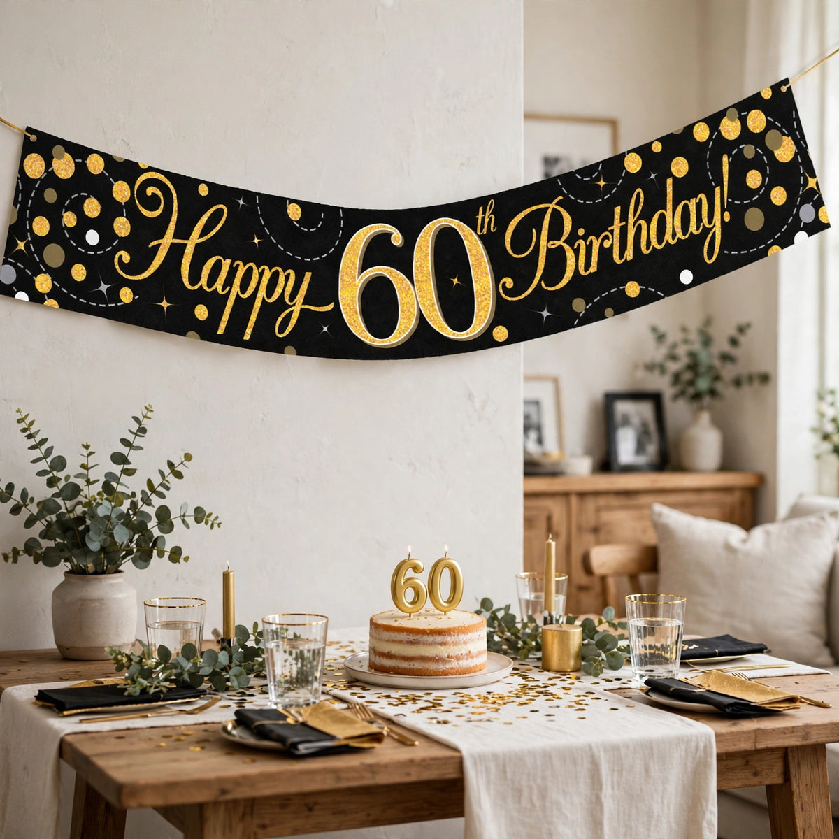 Oaktree Sparkling Fizz 60th Birthday Banner displayed at a birthday party venue