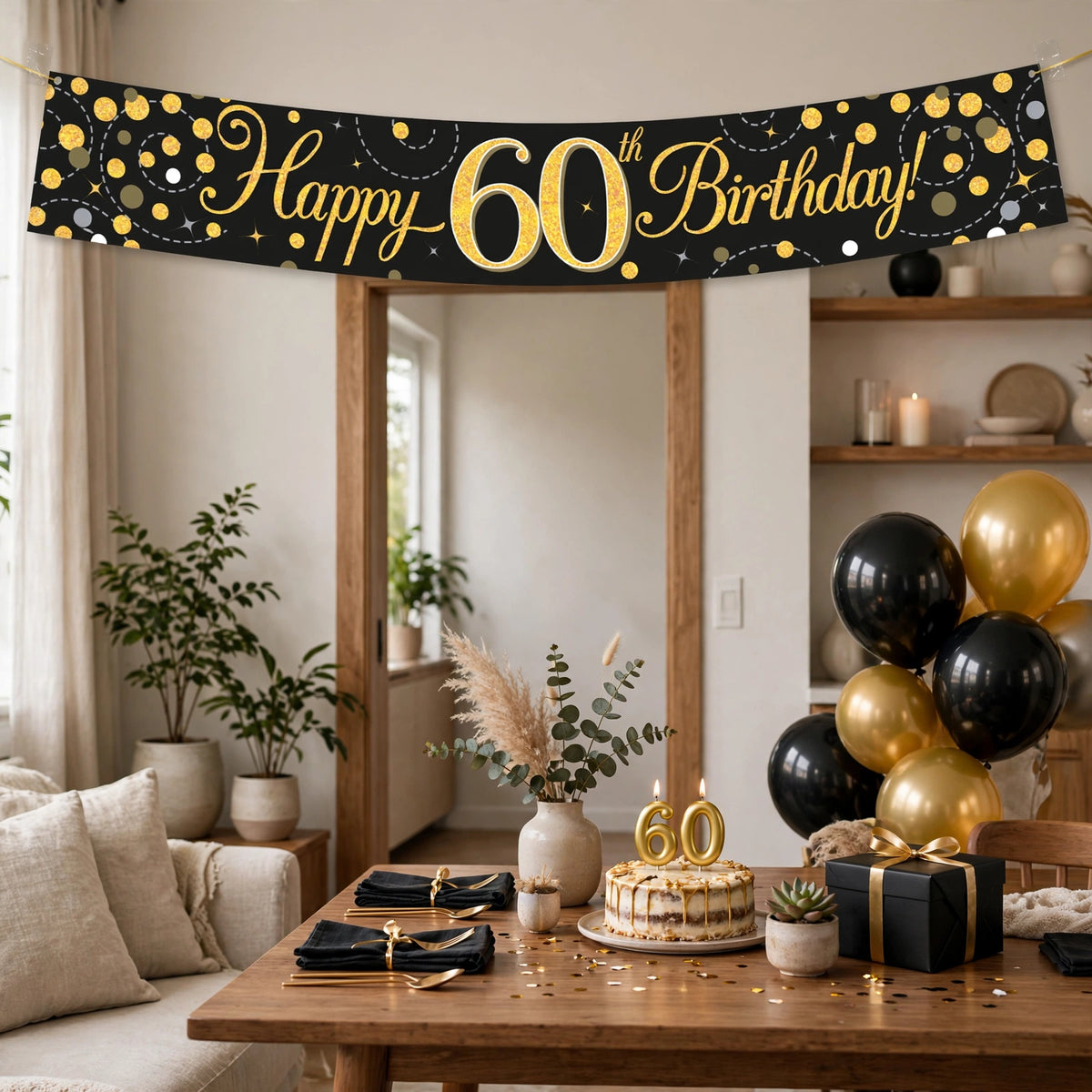 60th birthday party setting with the Sparkling Fizz Banner displayed