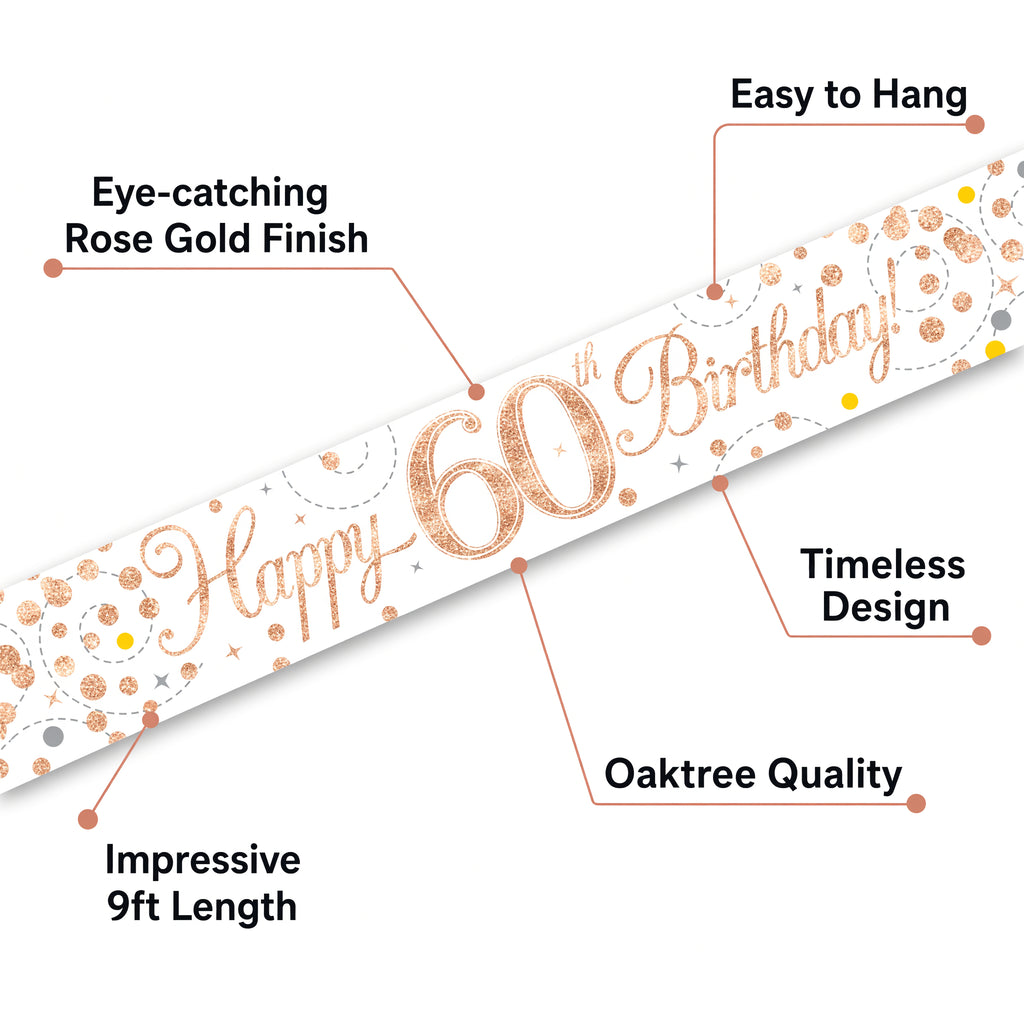 9ft Sparkling Fizz 60th Birthday Banner Rose Gold & White – product image 4