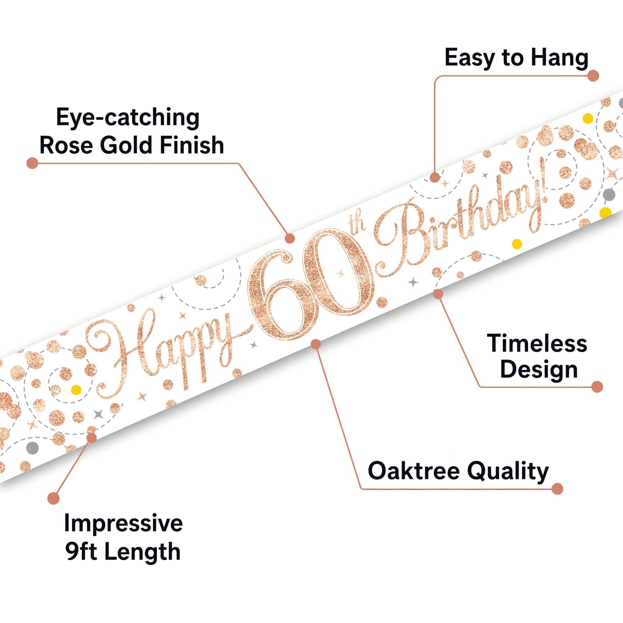 9ft Sparkling Fizz 60th Birthday Banner Rose Gold & White