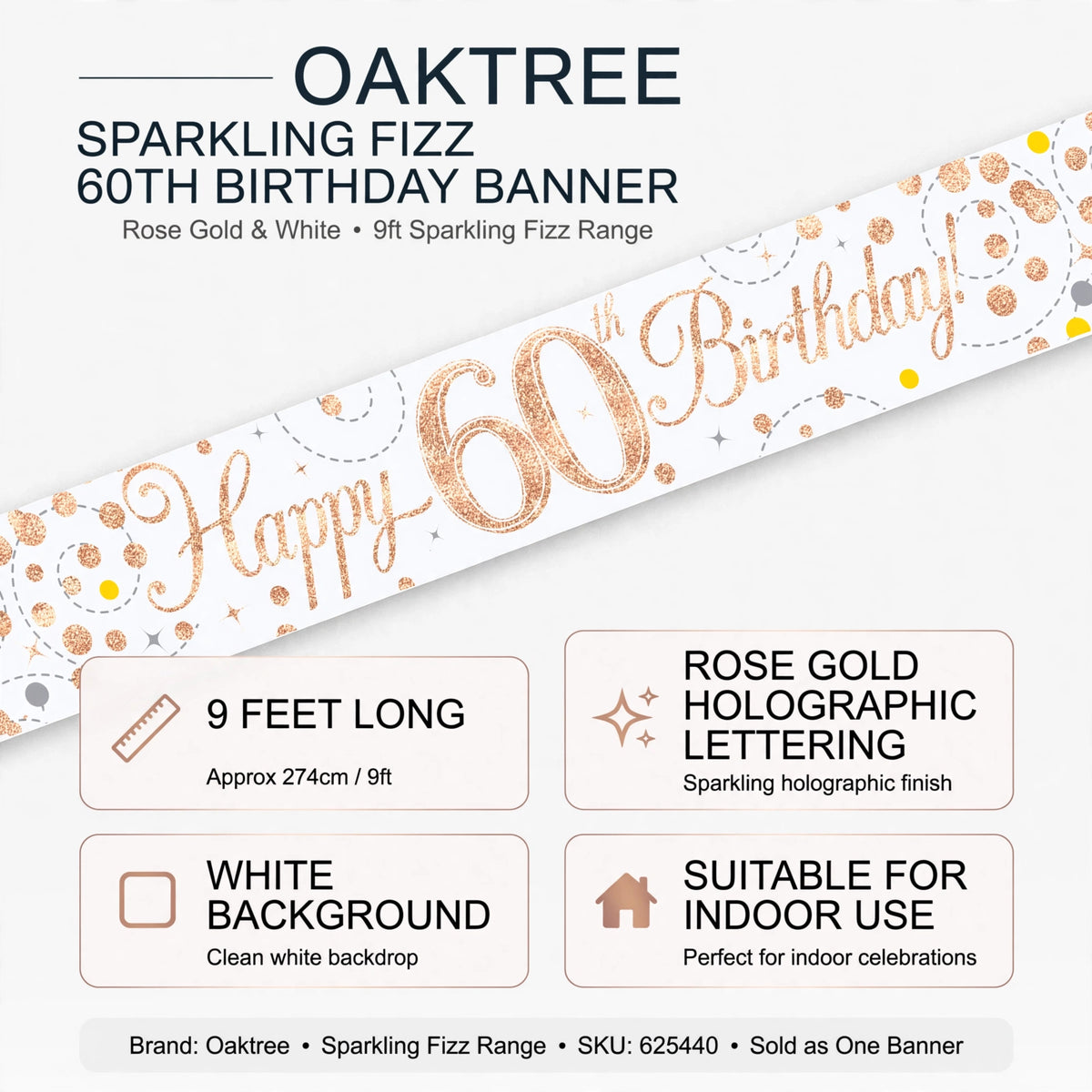 Features of the Sparkling Fizz 60th Birthday Banner with rose gold holographic lettering