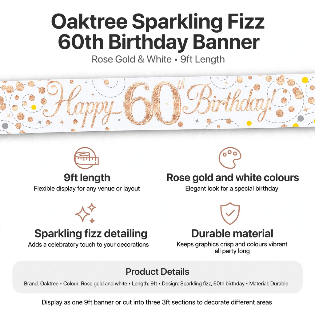 Banner features 9ft length, rose gold and white colours, sparkling fizz detailing, and durable material
