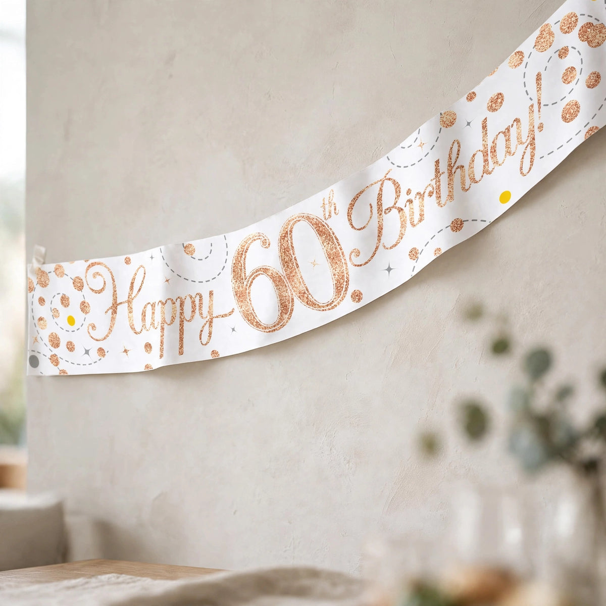 Oaktree Sparkling Fizz 60th Birthday Banner displayed at a milestone birthday party setting