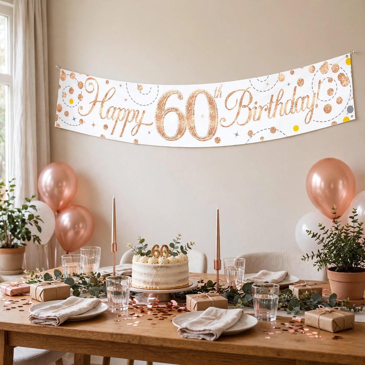 Sparkling Fizz 60th Birthday Banner displayed at a birthday celebration setting