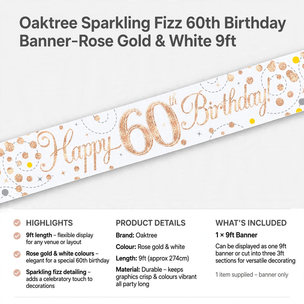 Banner can be displayed as one 9ft piece or cut into three 3ft sections for flexible decoration