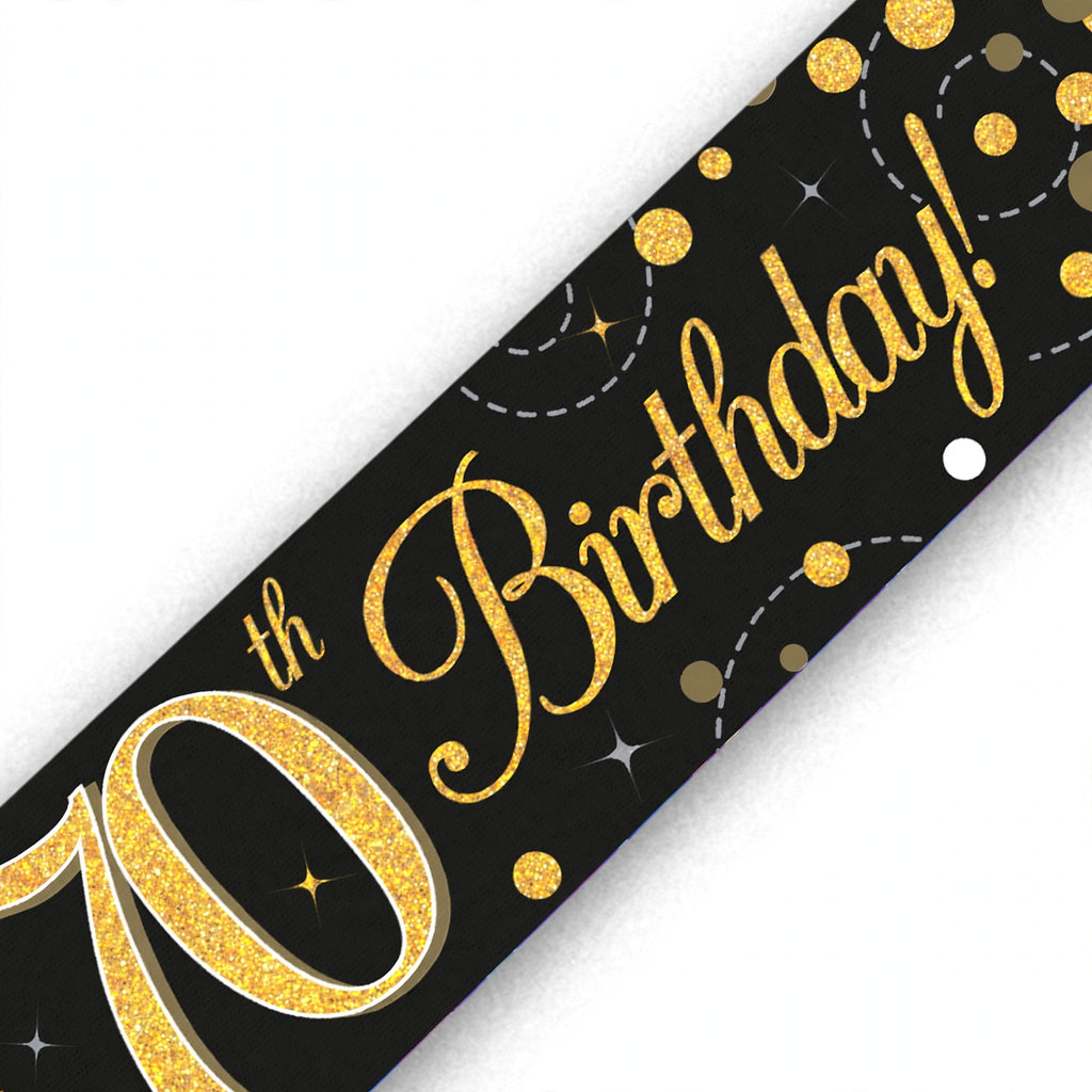 Close-up view of Oaktree Sparkling Fizz 70th Birthday Banner showing black and gold colours and sparkling fizz design