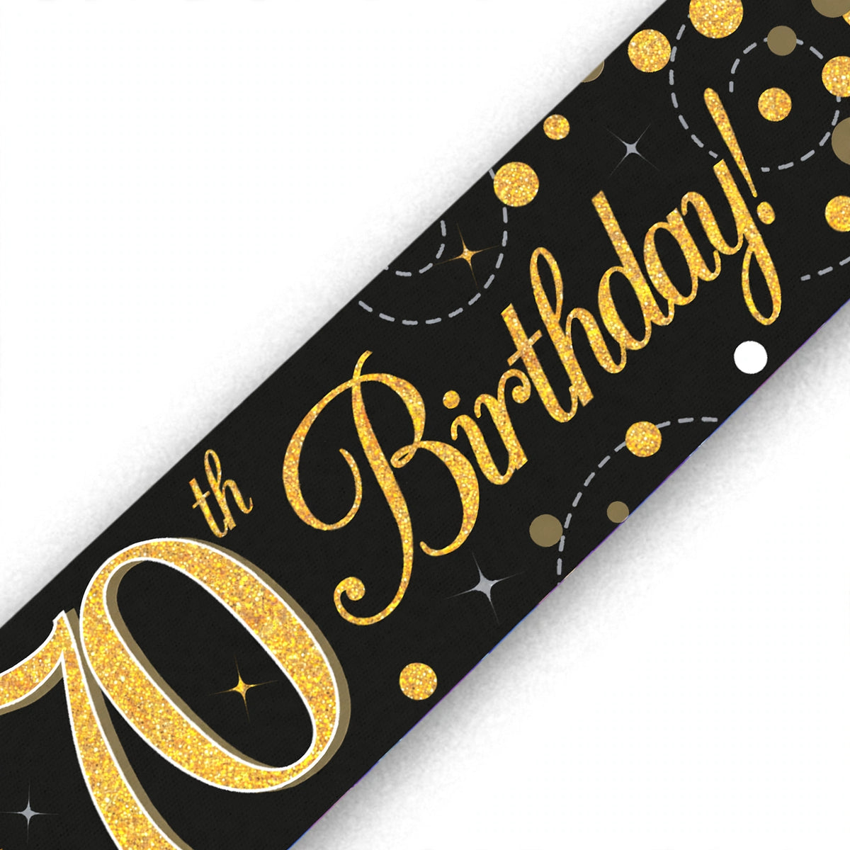 Close-up view of Oaktree Sparkling Fizz 70th Birthday Banner showing black and gold colours and sparkling fizz design