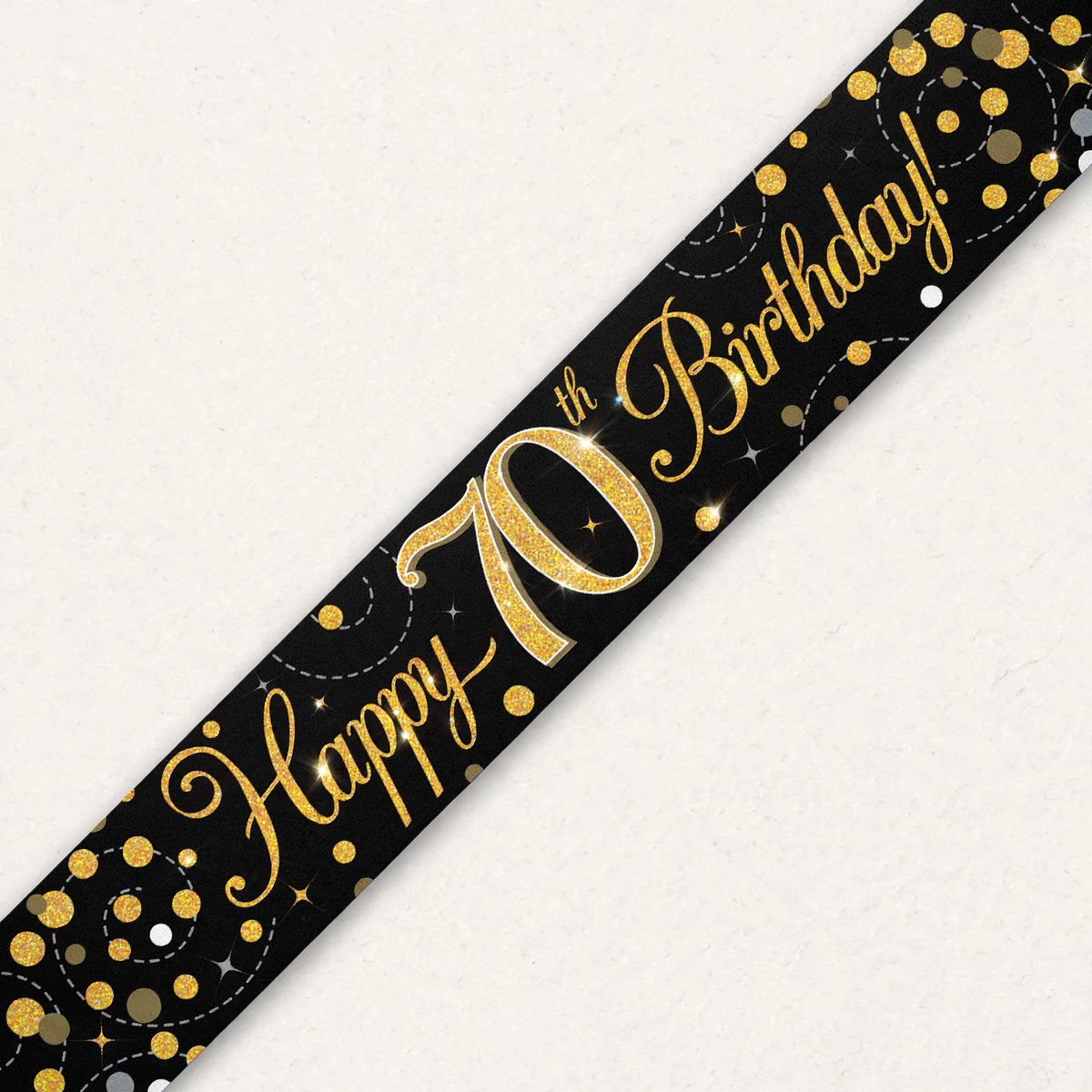Detail view of the 9ft Sparkling Fizz 70th Birthday Banner showcasing the gold holographic lettering