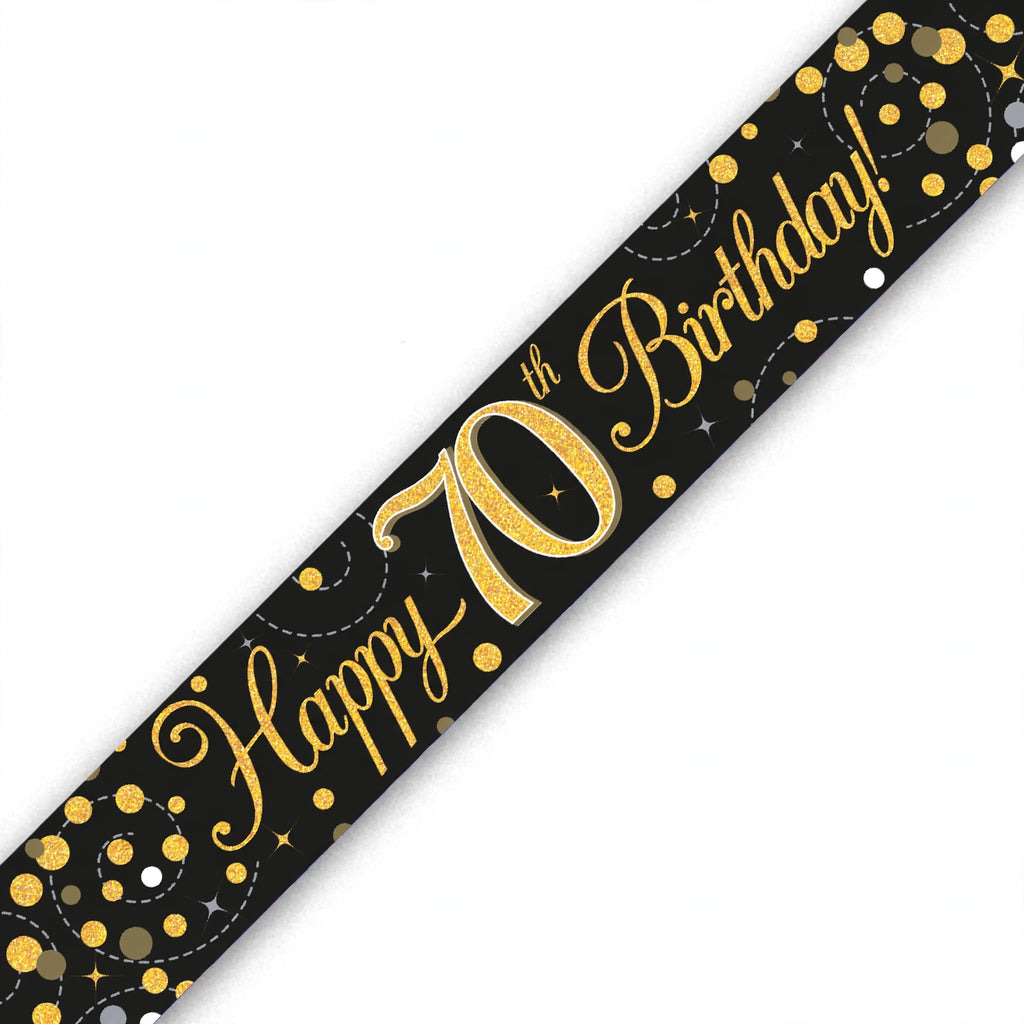 Oaktree Sparkling Fizz 70th Birthday Banner in black and gold with sparkling fizz detailing