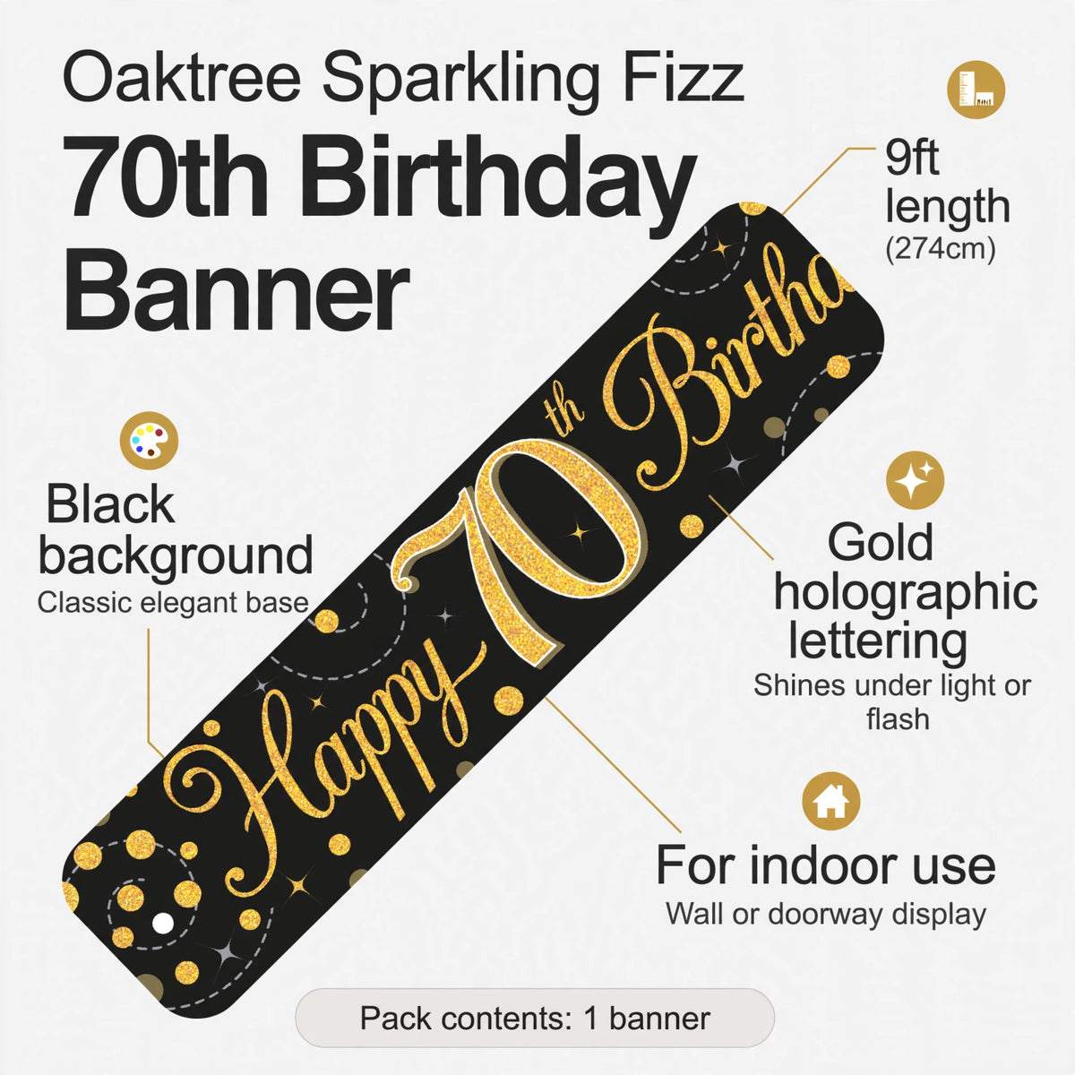 Features of the 9ft Sparkling Fizz 70th Birthday Banner including black background and gold lettering