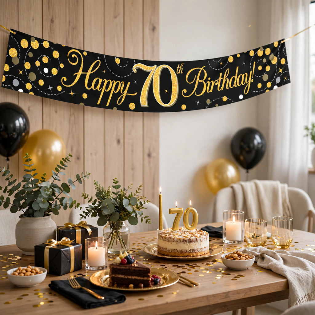 Oaktree Sparkling Fizz 70th Birthday Banner displayed at a birthday party setting